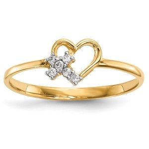 14k Gold Genuine Heart with CZ (Cubic Zirconia) Cross Ring, Size 7